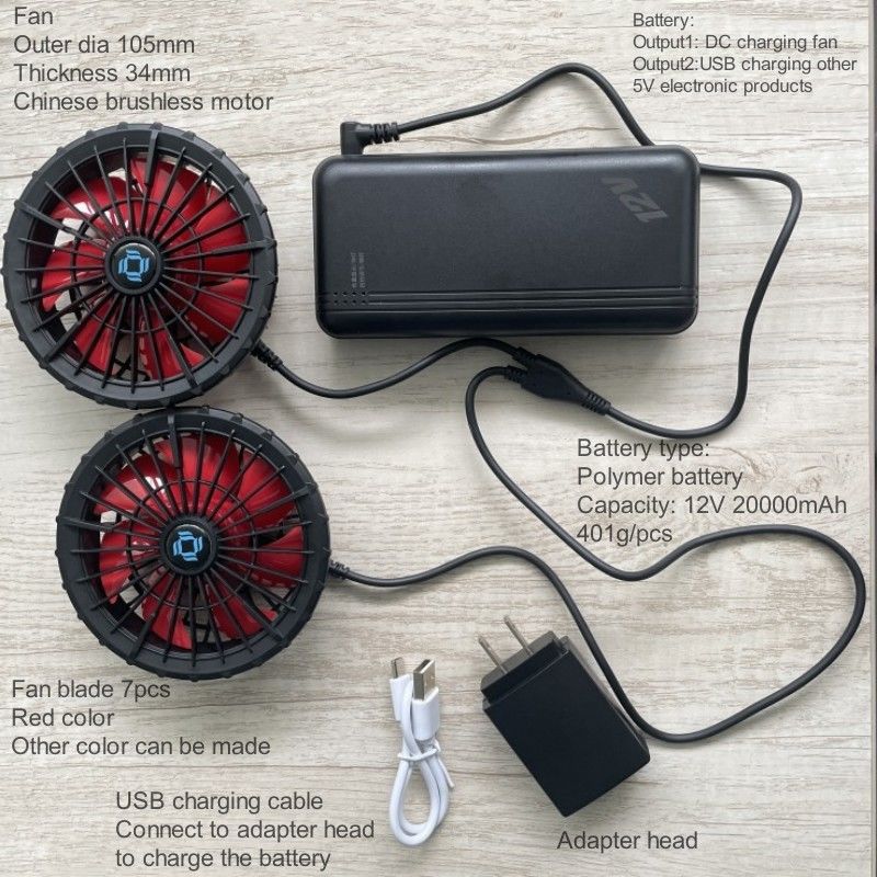 Không khí điều hòa áo khoác làm mát quạt pin 12v 20000mAh tốc độ cao 10H thời gian làm việc